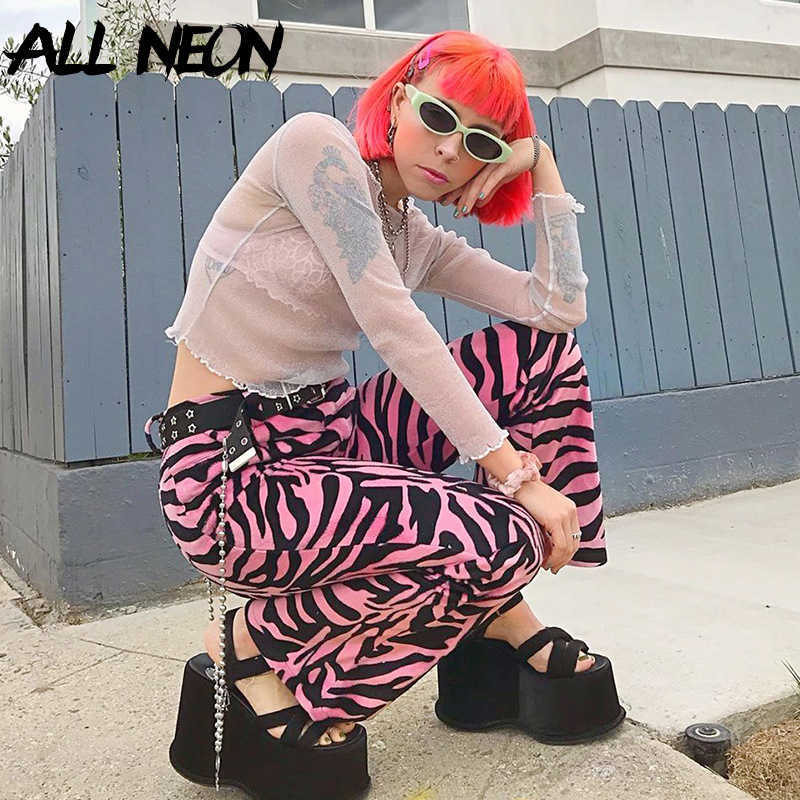Pink Zebra Print pants Y2K, punk street clothes, mid waist loose, 1990s sweatpants women woman pants 210602