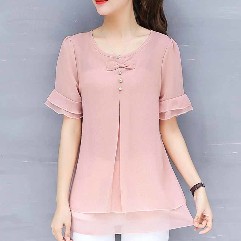 Summer Chiffon O-neck Short Sleeve Blouses and Tops Women Solid Bow Plus Size Flare Shirts Blusas 4832 210518