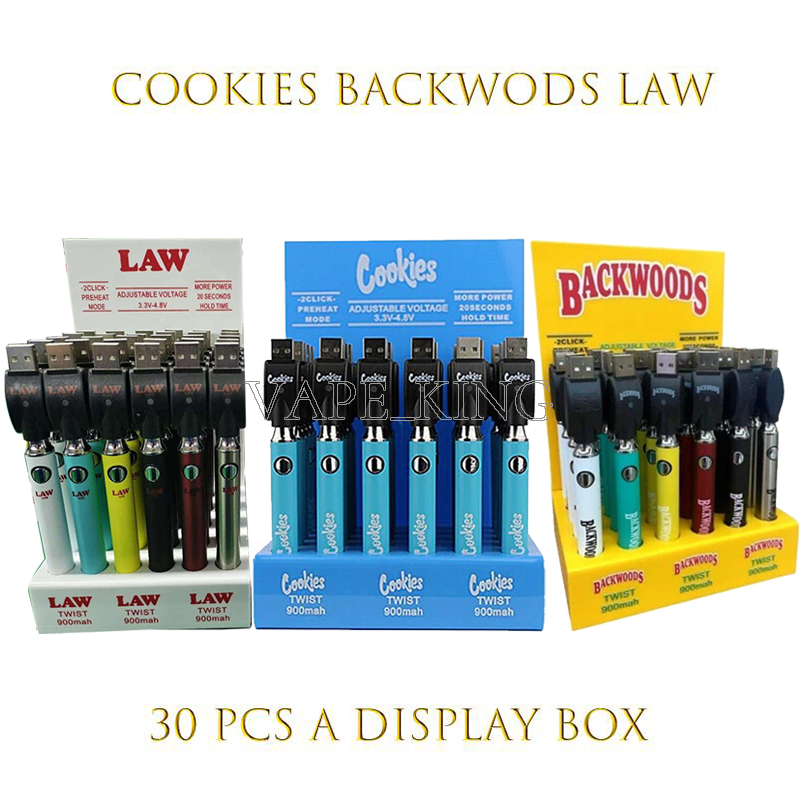 2021 Cookies Backwoods Law Twist Preheat VV Battery 900mAh Bottom Voltage Adjustable Usb Charger Vape Pen 30Pcs with Display Box ego
2021 Cookies Backwoods Law Twist Preheat VV Battery 900mAh Bottom Voltage Adjustable Usb Charger Vape Pen 30Pcs with Display Box ego