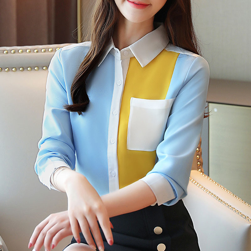 Autumn Fashion Women Chiffon Blouses Office Lady Shirts Long Sleeve Pocket Tops Casual Spliced Clothing 6196 50 210506