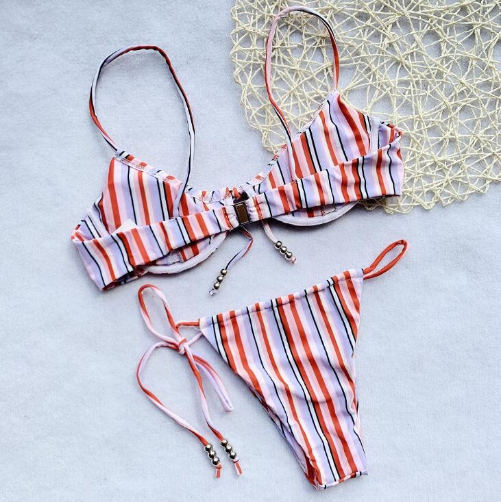 Beach Set Sexy Ladies Back Push Up Striped Bikini Padded Bra Swimwear Swim Women Suit Swimsuit Beachwear 2 pieces set 210429
