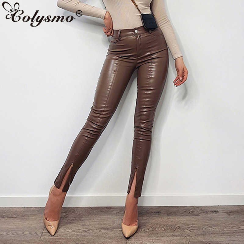 Colysmo Leather Leggings Zipper Split Fashion Elegant Bodycon High Waist Pants Vintage Black Trousers Women Casual Streetwear 210527