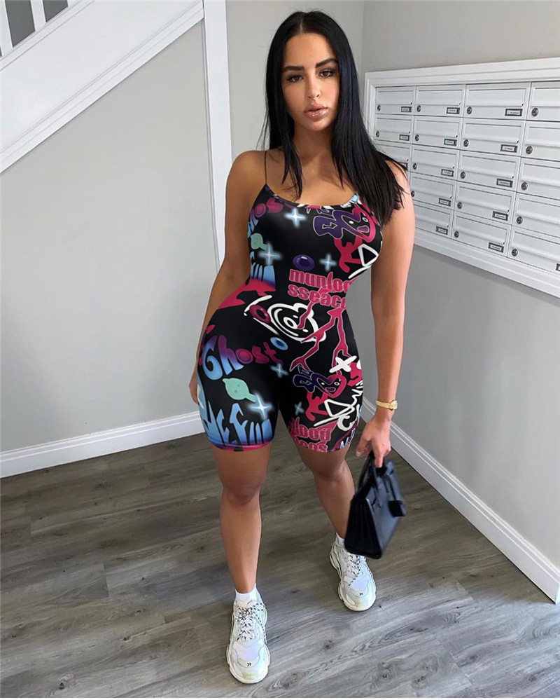 Wholesale Sexy Backless Jumpsuits Women Print Rompers Summer clothes Casual Bodycon Bodysuits Night Club Wear Skinny Sleeveless Overalls Bulk 6919