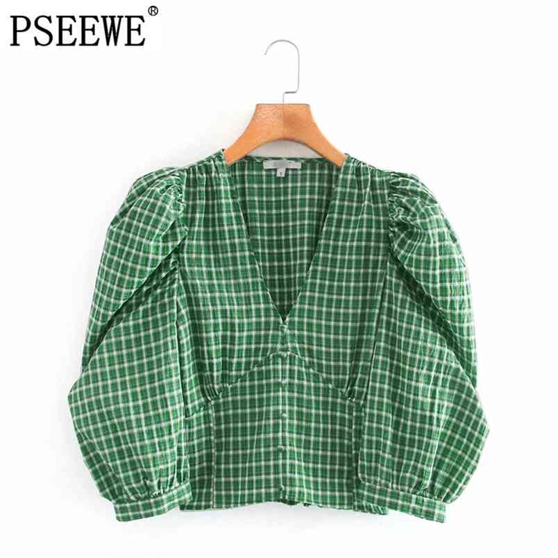 Women Tops Vintage Plaid V-neck Lantern Sleeves Cropped Blouses Fashion Button Decoration Elastic Hem Chic Top 210519, Green
Women Tops Vintage Plaid V-neck Lantern Sleeves Cropped Blouses Fashion Button Decoration Elastic Hem Chic Top 210519, Green