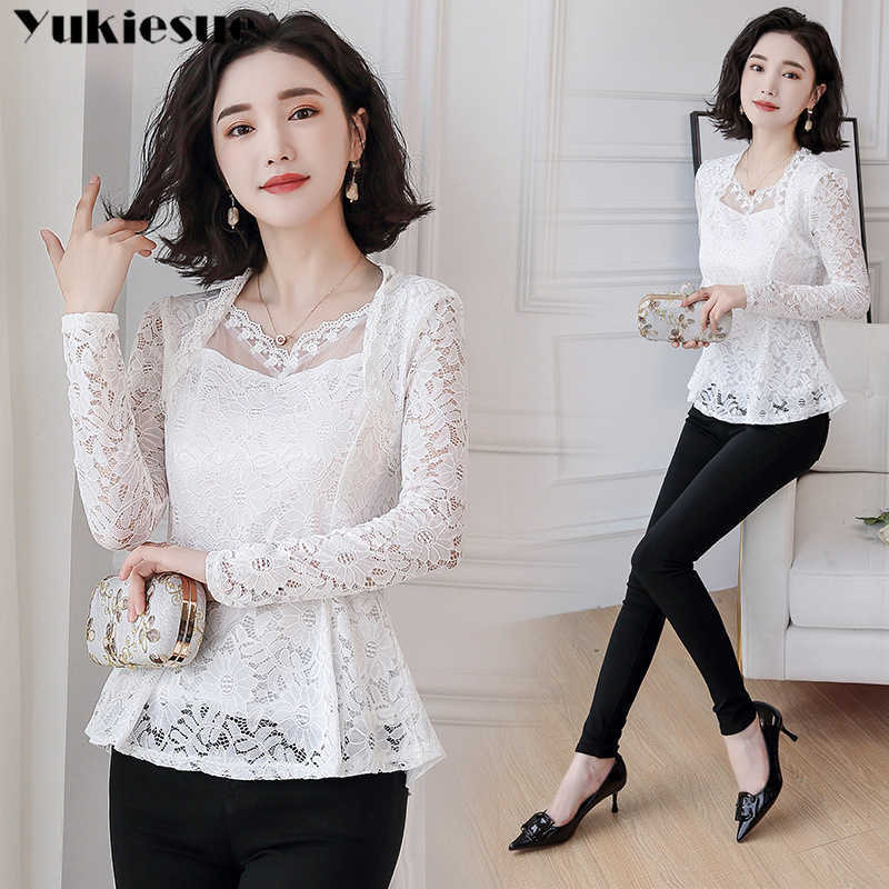 fashion women blouse solid lace OL office longsleeved shirts white elegant tops hollow s 210608