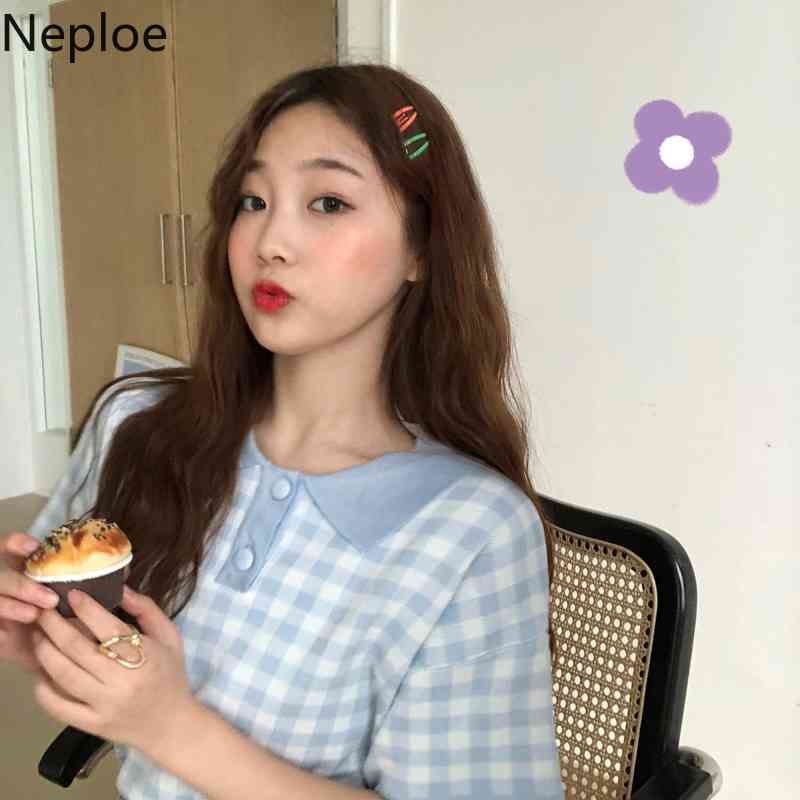 Neploe Plaid Summer Knitted T Shirts Women Kawaii Cute Tops Short Sleeve Tshirt Shirt Korean Vintage Graphic Tee Woman Clothes 210422