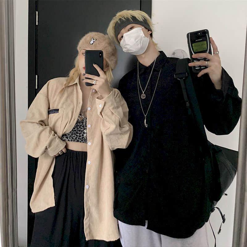 Streetwear Punk Blouse Couple Shirts Women Men Clothing Corduroy Shirt Spring Autumn Long Sleeve Vintage Ins Men's Casual