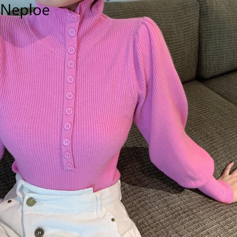 Neploe Turtleneck Solid Color Sweater Women Single Breasted Puff Sleeve Knitted Pullovers Sueter Mujer Slim Sweet Jumper Tops 210422