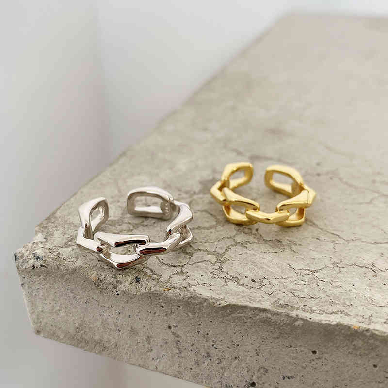 WANTME Genuine 925 Sterling Silver 18k Gold Punk Hip Hop Link Chain Open Ring for Fashion Women Rock Men Party Jewelry 210507