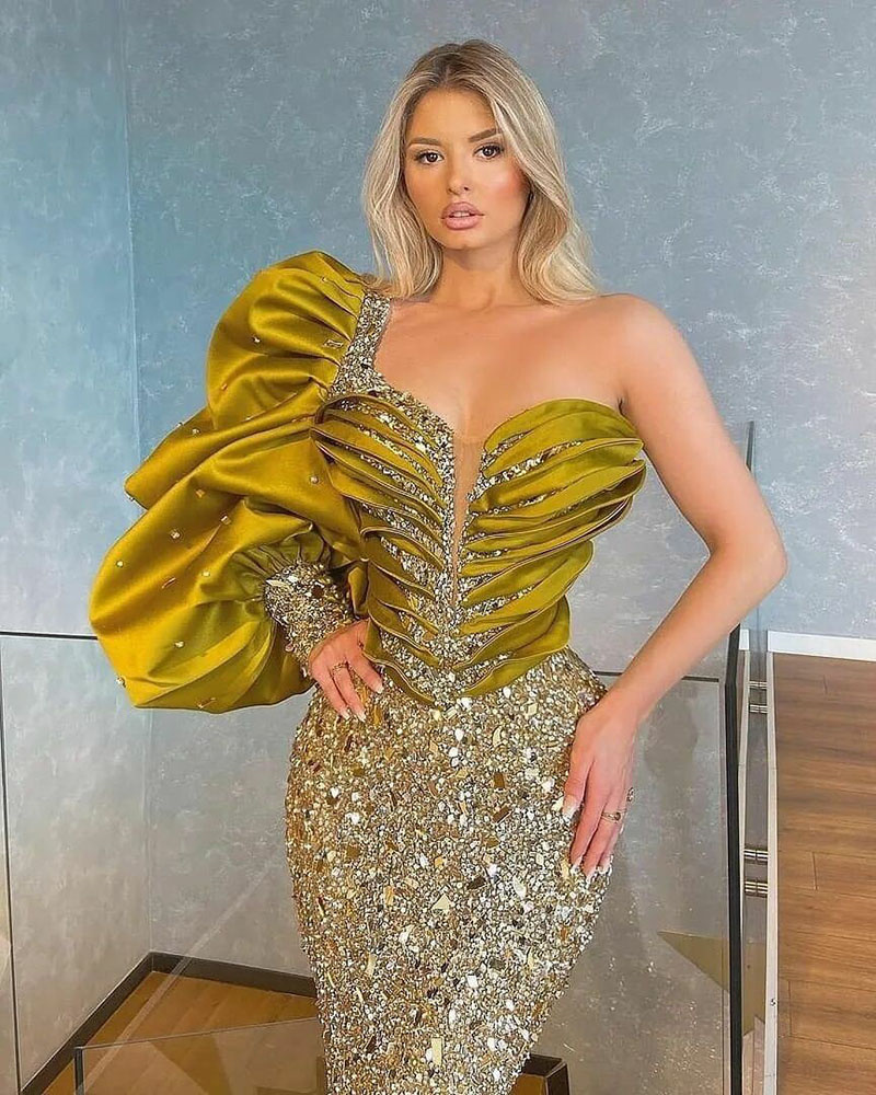 Chic Yellow Mermaid Prom Dresses One Shoulder Sequins Ruffles Evening Dress Custom Made Puffy Long Sleeves or Length Party Gown