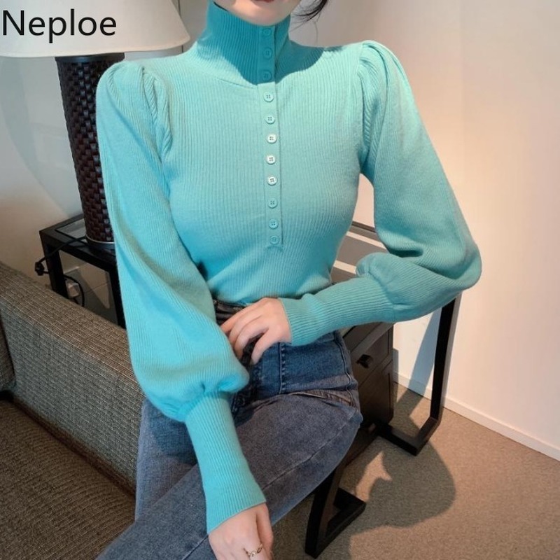 Neploe Turtleneck Solid Color Sweater Women Single Breasted Puff Sleeve Knitted Pullovers Sueter Mujer Slim Sweet Jumper Tops 210422