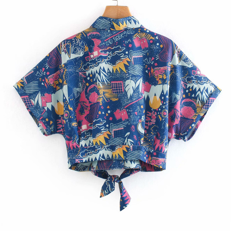 Fun Printed Short-sleeved Lapel Harajuku Short Single-breasted Women's Shirt Summer Style Graffiti Bow Chic Female Tops 210507