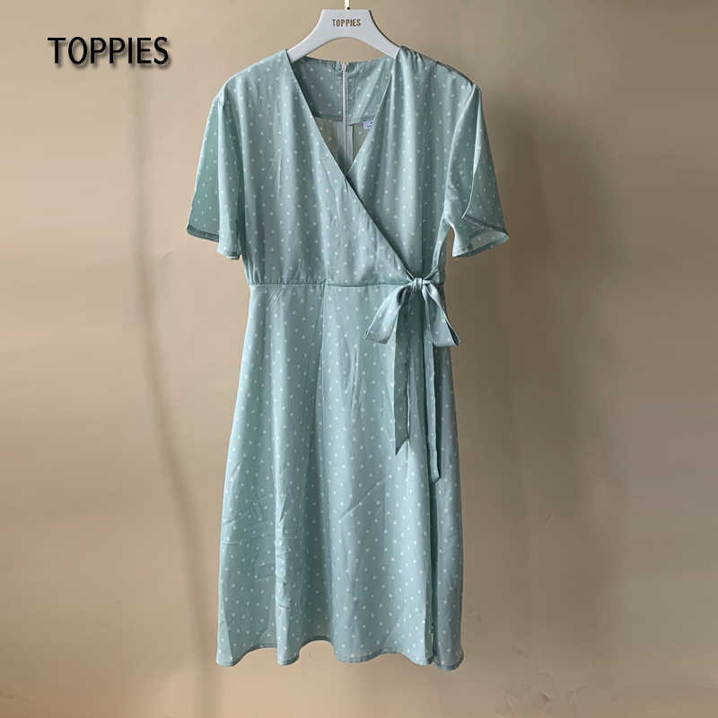 Toppies Summer Short Sleeve Shirts Dress Polka Dot Printing Woman v-neck Lace Up Belt vestido 210623