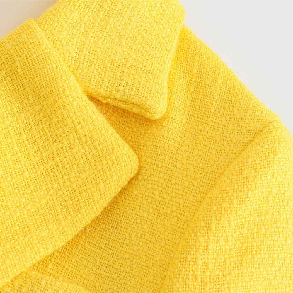 Fashion Women Yellow Tweed Blazer Jacket Spring Double Breasted Female Autumn Coat Chic Pockets Office Lady Elegant Top 210521
