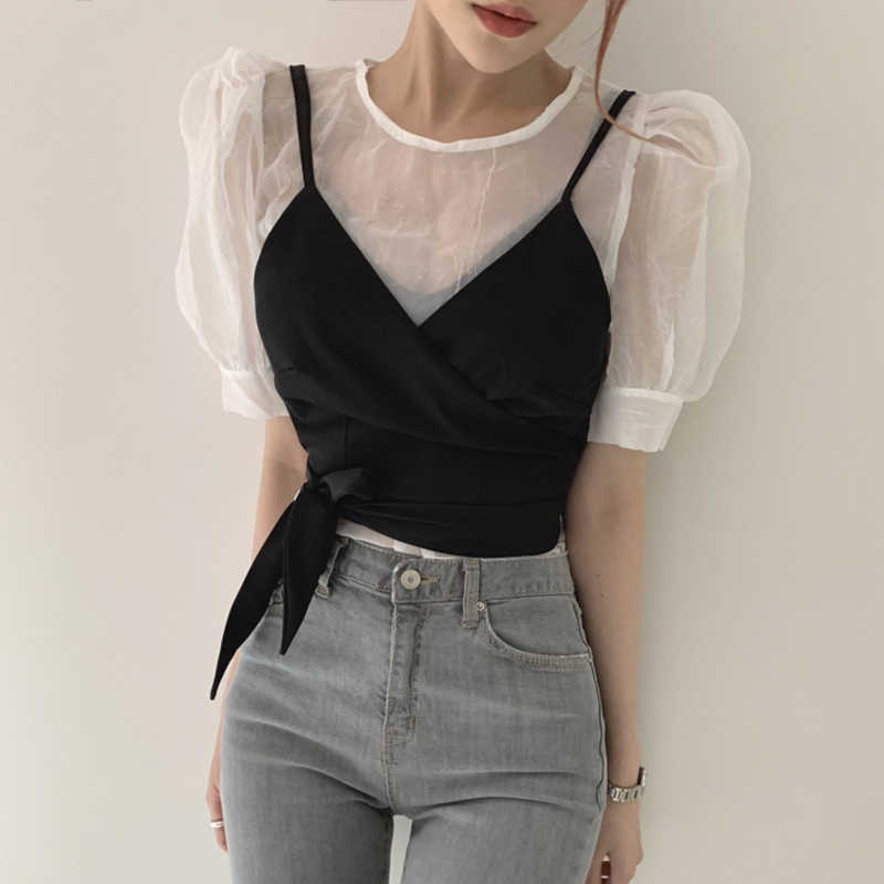 Korejpaa Women Shirt Summer Korean Chic Ladies Elegant Temperament Round Neck Puff Sleeve Blouses Cross Tie Sling Suits 210526