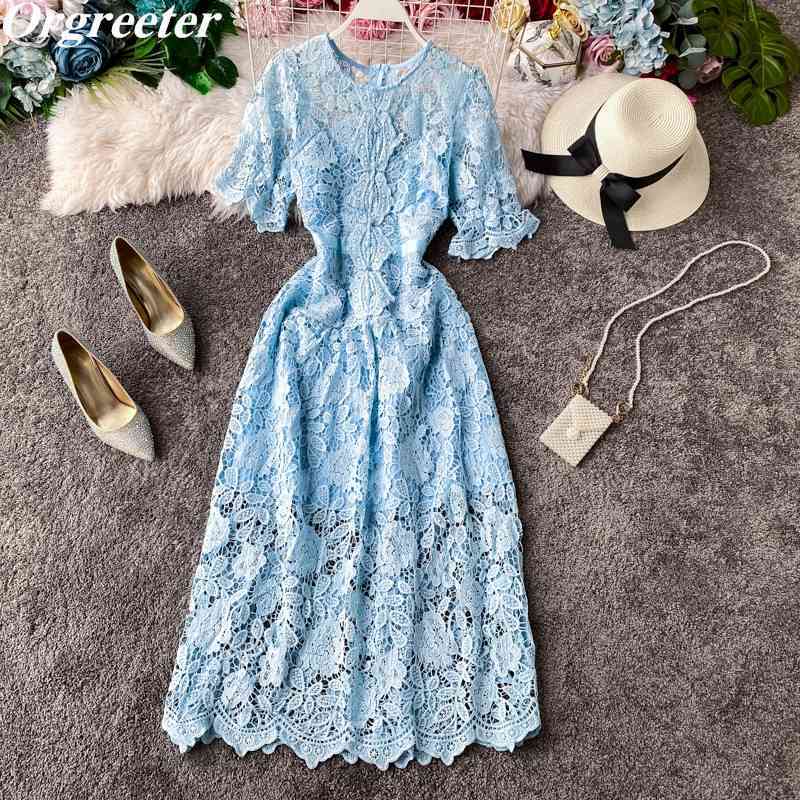 Summer Ruffles Trim Button Deco Hook Flower Hollow out Retro Blue Robe Dress Women High-end Short Sleeve Long Lace 210525
Summer Ruffles Trim Button Deco Hook Flower Hollow out Retro Blue Robe Dress Women High-end Short Sleeve Long Lace 210525