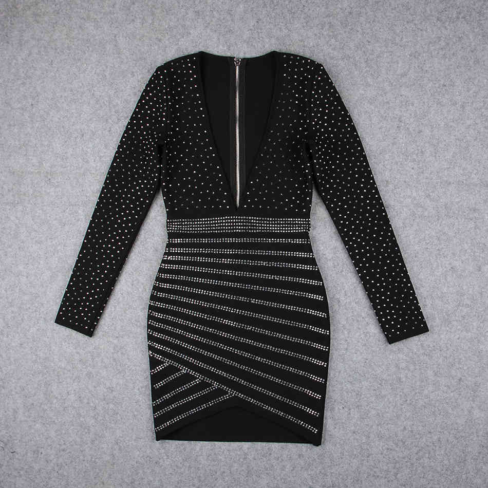 Free Fashion Women's Bandage Dress Beading Long Sleeve V Neck Vestido Party CB of House Bodycon Black 210524
