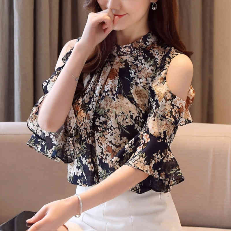 Summer Off-the-shoulder Chiffon Blouse Women OL O Neck Floral Flare Sleeve Shirts Plus Size Printing Clothing 13747 210508