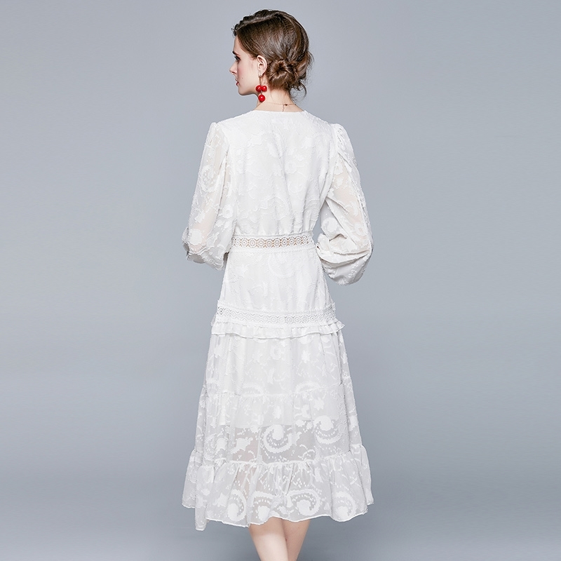 Vintage Elegant Lace Patchwork Female Long Sleeve Dress Spring Casual White Dresses Women's Clothing Vestidos 210520