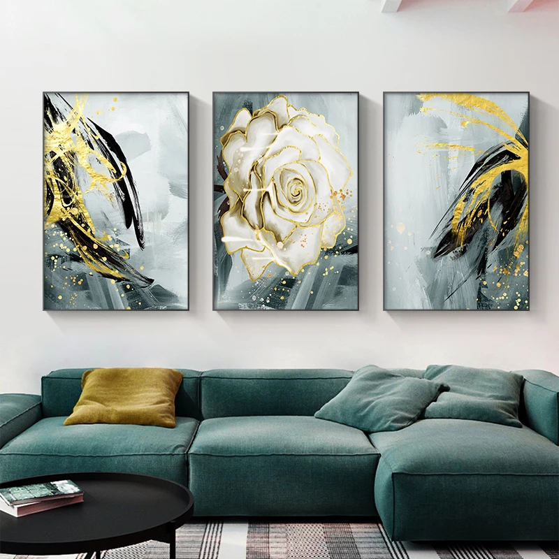 Scandinavian Flower Poster White Rose Canvas Print Modern Golden Green Painting Wall Art Picture for Living Room Interior Decor