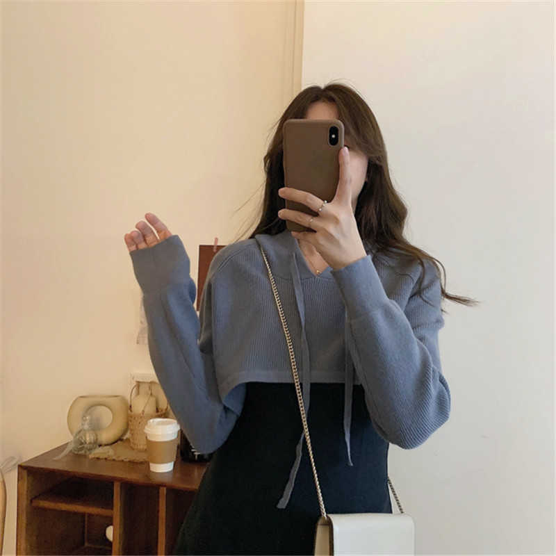 Women Spring 2piece Sets Drawstring Hooded Short Pullover Sweater + Baisc Sling Dress Korean Causal Outfits 6E649 210603