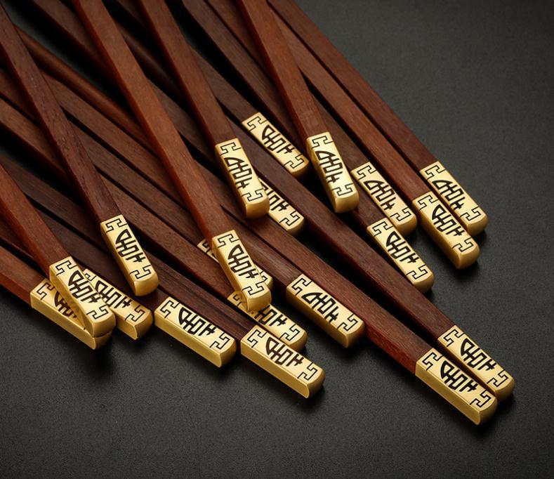 Chinese Style Double Happiness Gold Head Wood Chopsticks Wedding Party Favor And Gift For Guest Friend Wholesale