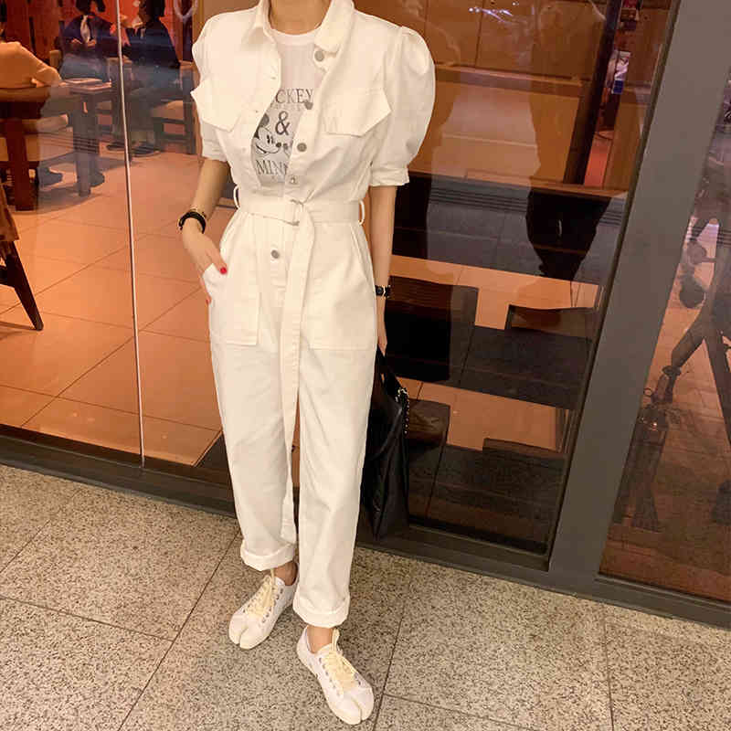 Sexy Denim Jumpsuit Women Romper Long Sleeve Belt Pink/White Summer Jeans Female Streetwear Overalls 210506