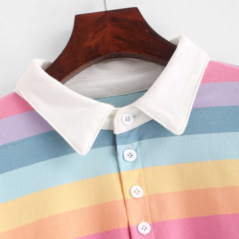 Polo Shirt Women Sweatshirt Long Sleeve Rainbow Color Ladies Hoodies With Button Striped Korean Style 210607
