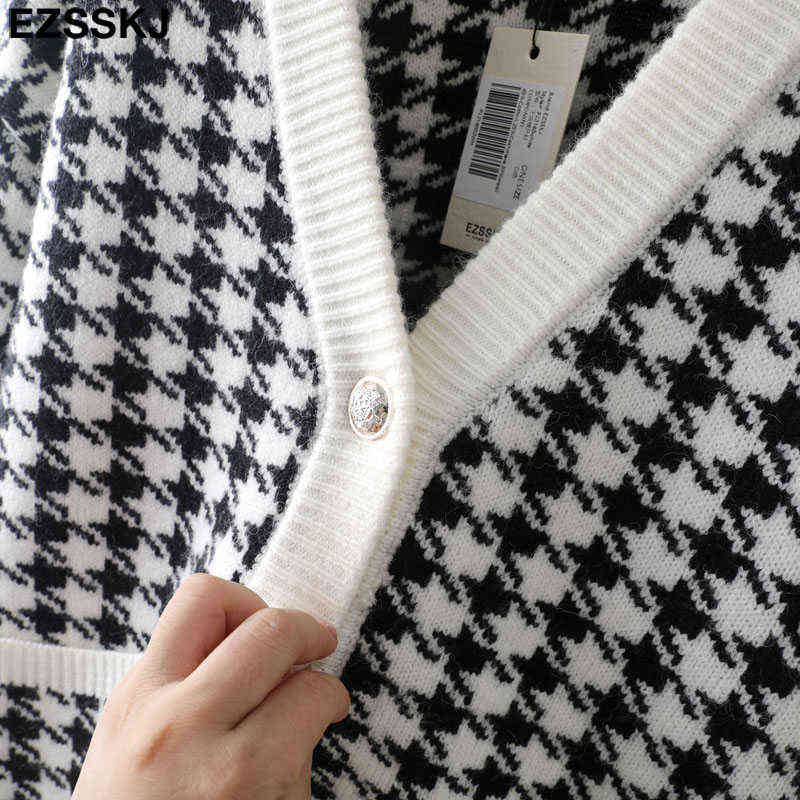 white black thick Houndstooth sweater cardigans jacket ladies women thick sweater coat v-neck cardigan jacket coat outwear 211117