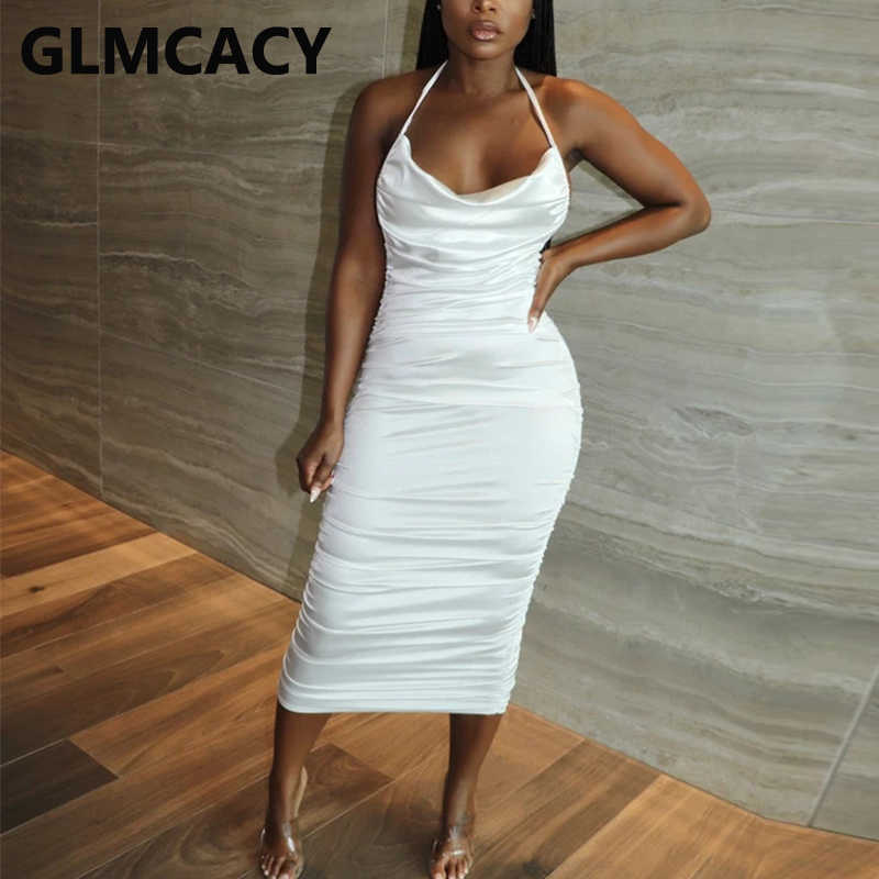 Halter Backless Bodycon Ruched Midi Dress Elegant Evening Party Dress 210702
