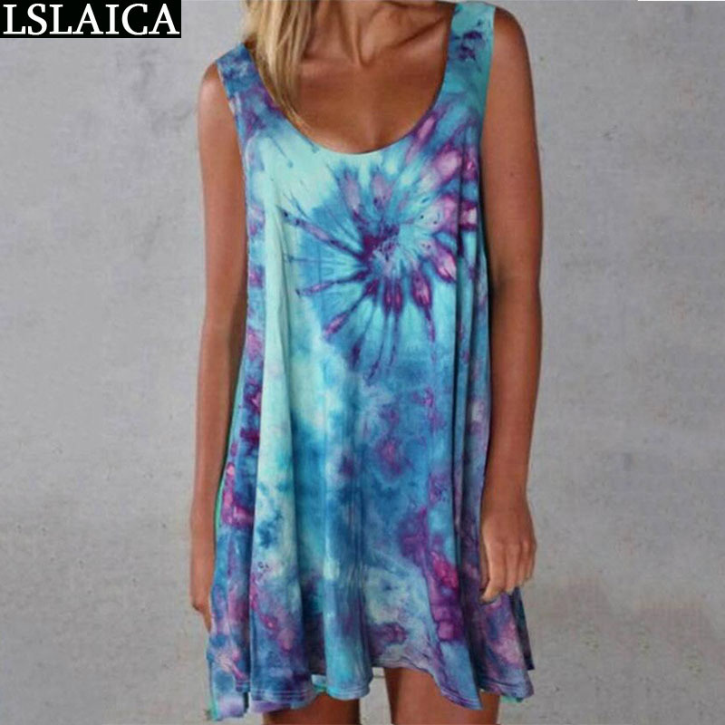 Plus Size Fashion Summer Dress Sleeveless Round Neck Women's Casual Tie-Dye Print Beach Style Ropa Mujer Verano 210515