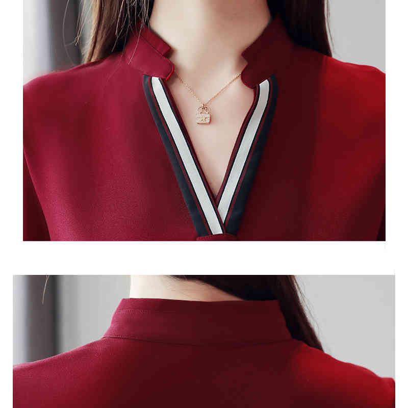 Fashion Stand Collar Pullover Blouse Women Tops Chiffon Office Lady Long Sleeve White Red Women's Shirt Blusas Mujer 6469 50 210506
