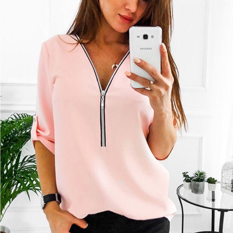 Women Zipper Short Sleeve Shirts Womens Tops And Blouses Sexy V Neck Tee Casual Female Tunic Plus Size 210428