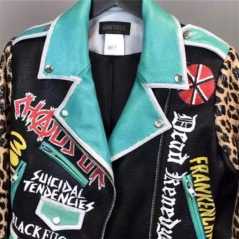 Women's Leather & Faux Spring Autumn Short Leopard Printing PU Jacket Women Letter Print Lapel Belted Coat Motorcycle Style Y1161