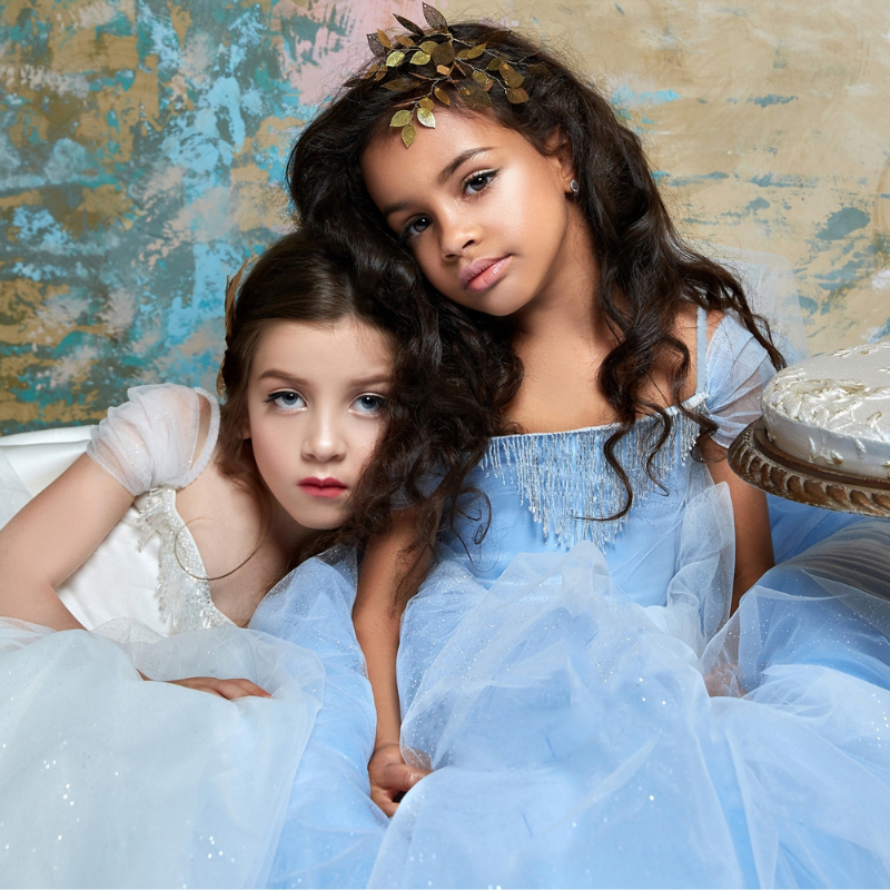 Long Princess Cinderella Flower Girl Dresses Off-The-Shoulder Floor Length Ball Gown Blue Kids Pageant Gowns Newest Design Custom Made Dress 403