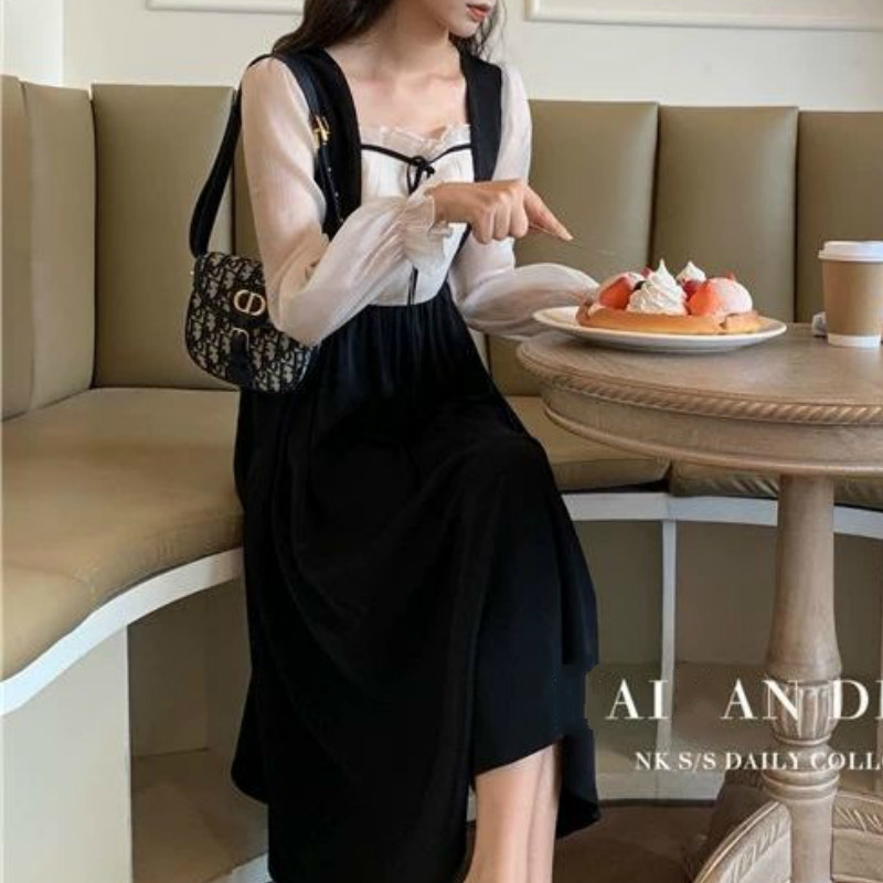 French Elegant Dress Women Vintage Square Collar Long Sleeve Fairy Dress Lace-Up Chic Party Dress Korean Autumn 210521