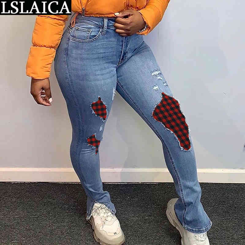 Fashion Arrival Women Clothing Slim Plaid Stitching Jeans Personalized Hem Split Casual Skinny Pocket Button Pantalones 210515