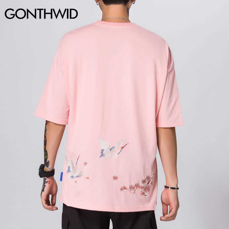 GONTHWID Harajuku Embroidery Cranes Cherry Blossoms Flowers T-Shirts Men Casual Short Sleeve Top Tees Hip Hop Streetwear Tshirts 210623