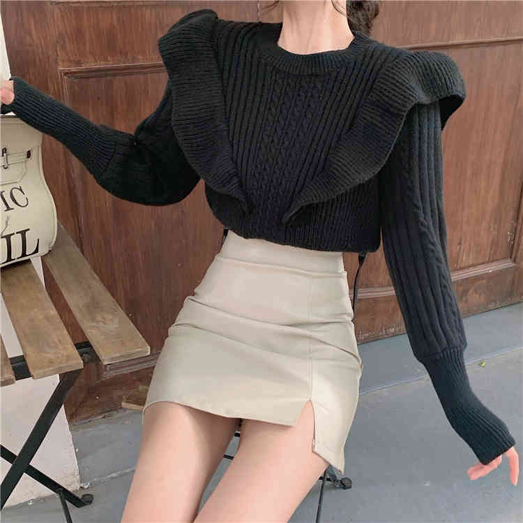 MATAKAWA Puff Sleeve Women's Sweater Spring Fashion Woman Sweaters Loose Ruffled Red Knitted Pullovers Top 210513