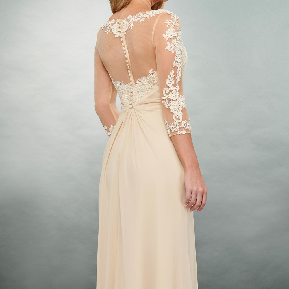 Daffodil Chiffon Bridesmaid Dresses Three Quarter Sleeves Zipper Back Wedding Party Dress Sheer with Floral Applique