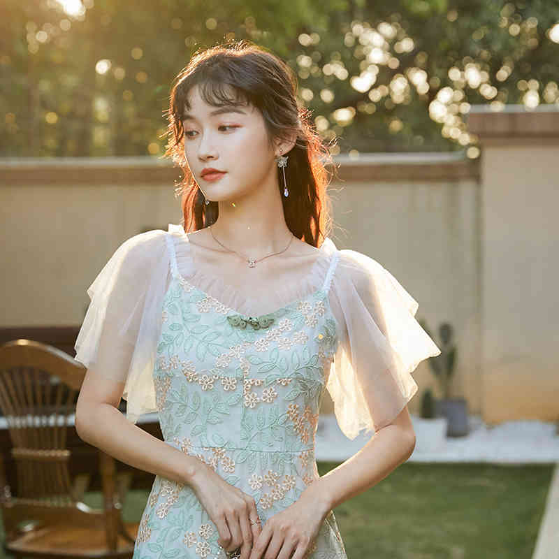 French Summer Women Vintage Elegant Floral Embroidery Mesh Dress Ladies Sweet Slim Party Woman Clothing 210519