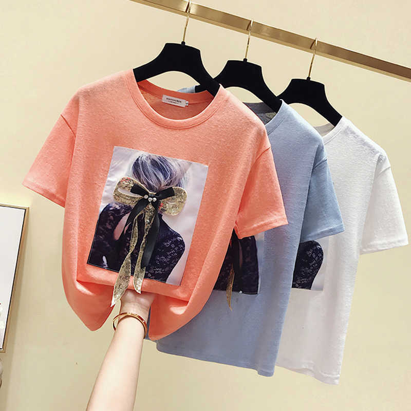 T Shirt Women Diamonds Patchwork Bow Print Tshirt Female Summer Tops T- Korean Fashion Clothing Cotton Tee Femme 210615, Blue
T Shirt Women Diamonds Patchwork Bow Print Tshirt Female Summer Tops T- Korean Fashion Clothing Cotton Tee Femme 210615, Blue