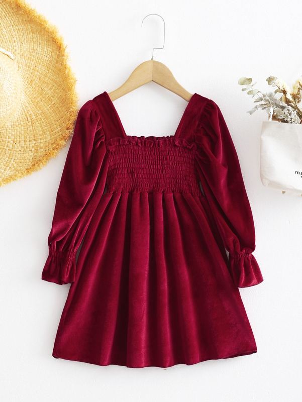 Little girl's ruffled velvet dress with ruffle sleeves SHE