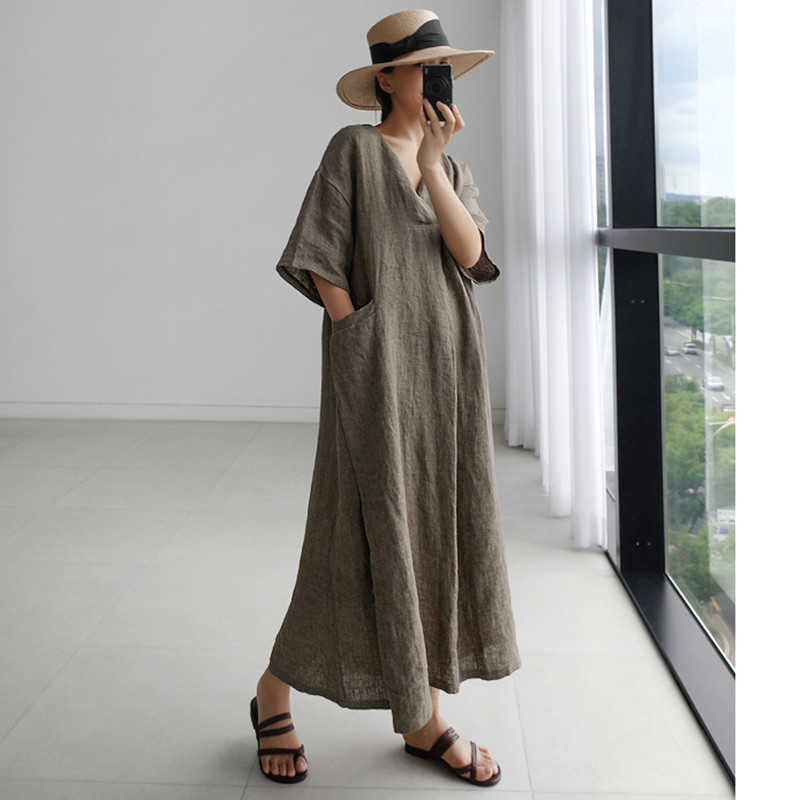 Johnature Women Vintage Cotton Linen Dresses V-Neck Solid Color Robes Summer Short Sleeve Pockets Female Loose Dresses 210630