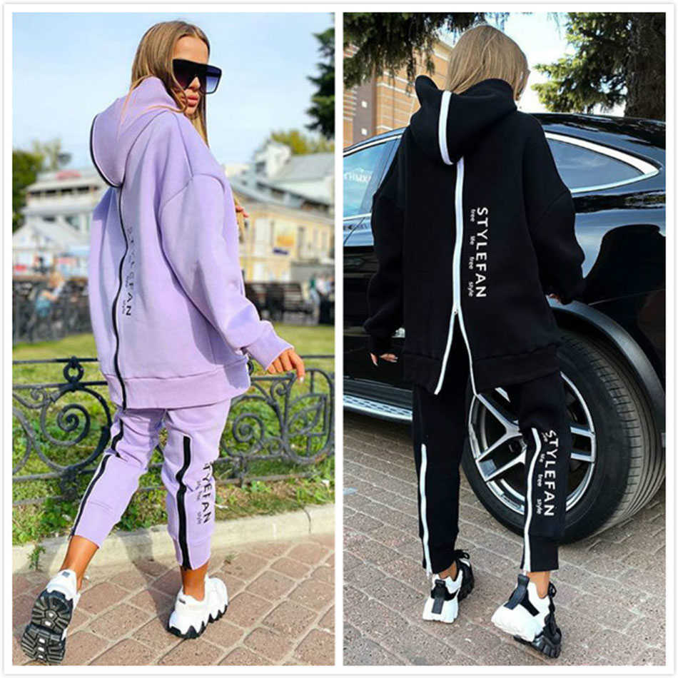 Casual zipper Letter Hoodie Sweater Set Women's Pullover Sweater & Pants 2-piece Loose Sportswear Set Winter 211007