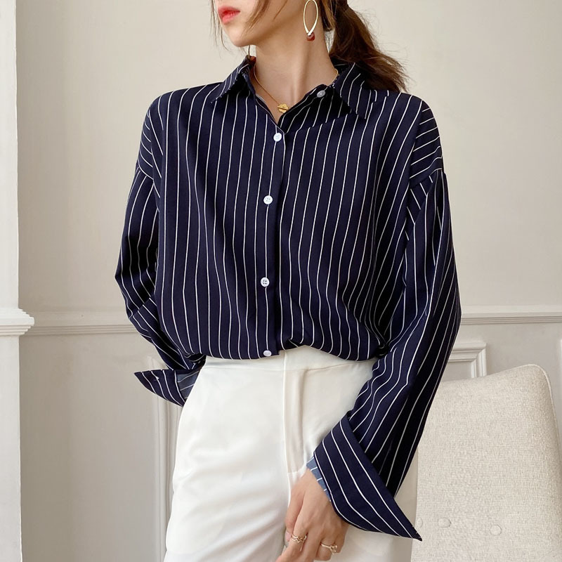 Korean Striped Blouse Women Casual Loose Office Lady Tops Long Sleeve Shirts OL Style Female Fashion Blusas Clothes 11876 210506