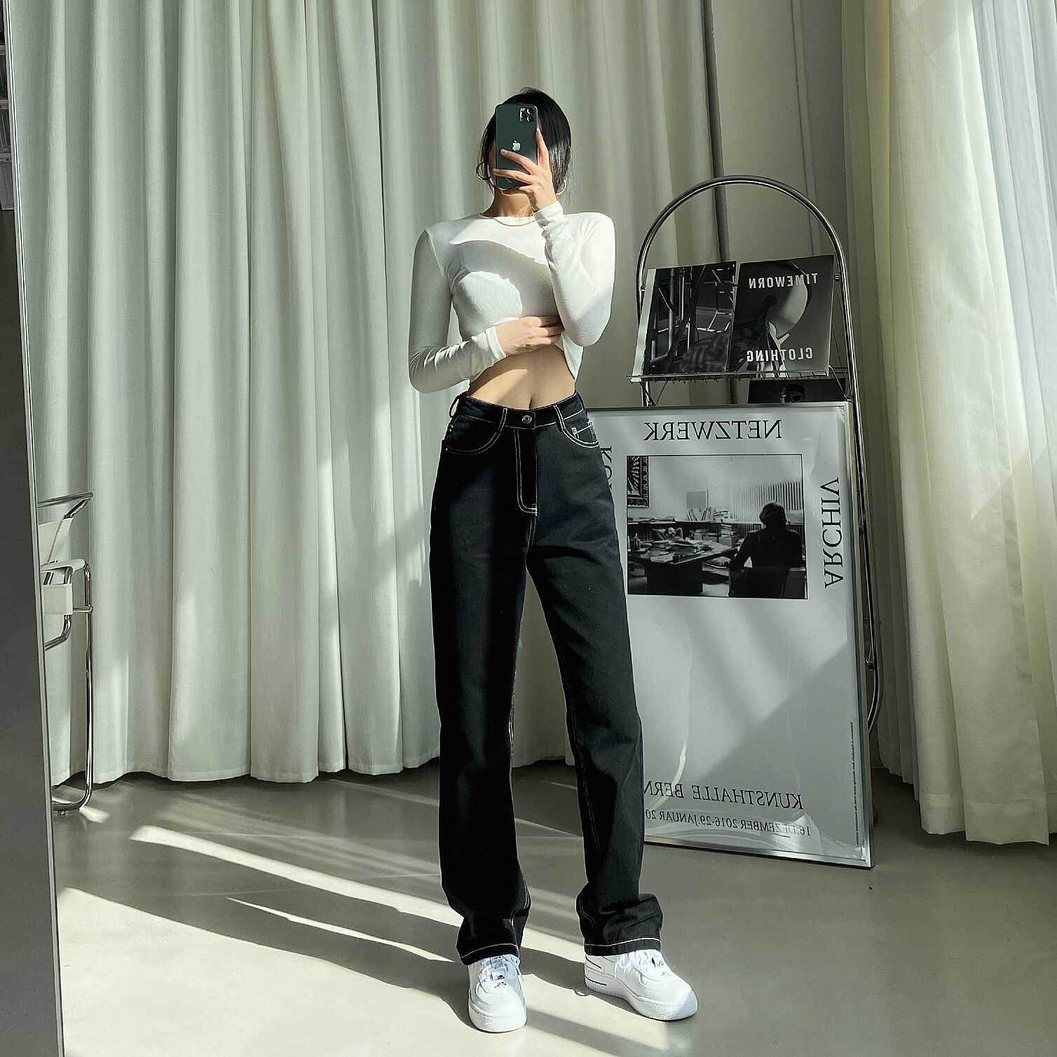 Korean Fashion White Jeans for Women High Waist Long Streetwear Trousers Straight Leg Pants Denim Ladies Baggy Femme Black 210809