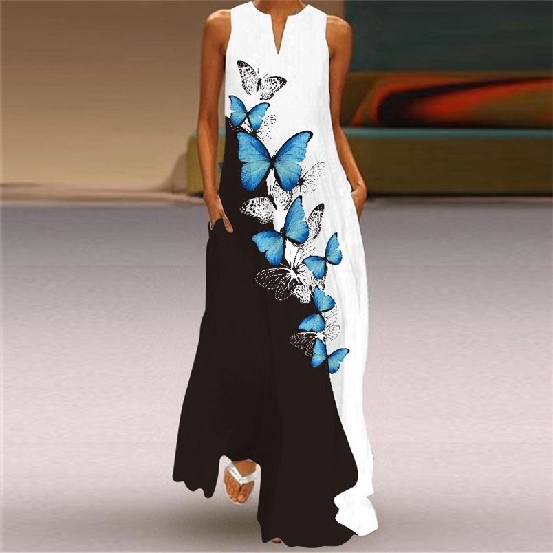 Sleeveless Long Dress Women Casual Beach Summer Sexy V Neck Butterfly Printed Loose Maxi es Elegant Ladies 210522
