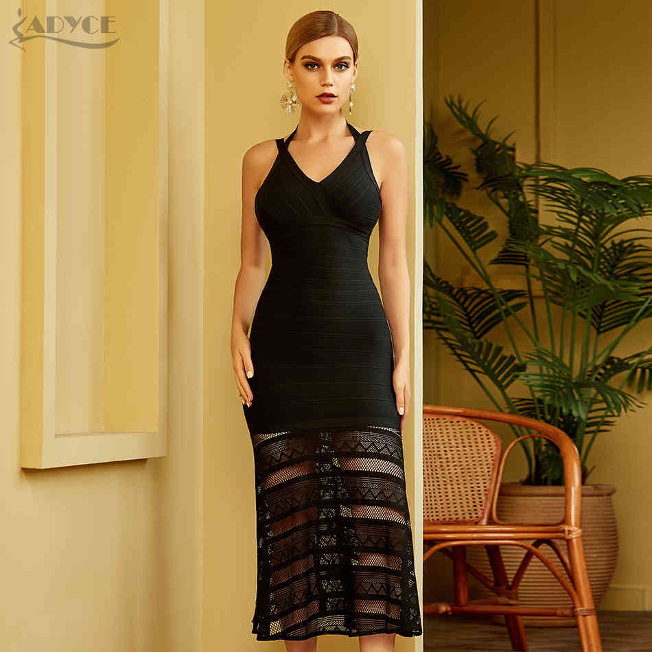 Summer Women Black Bodycon Bandage Dress Sexy Sleeveless Hollow Out Mid-Calf Club Celebrity Evening Runway Party 210423