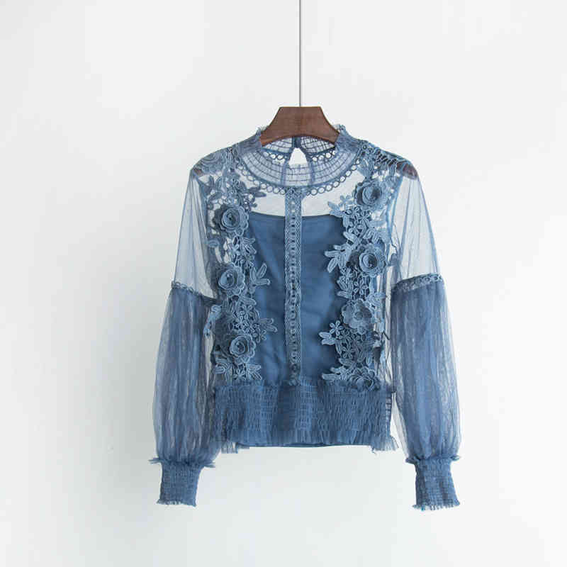 Sweet Retro Stand Lantern Sleeve Blouse Women Slim Appliques Mesh Tops Three-dimensional Flowers Lace Shirts Blusas Mujer 210429